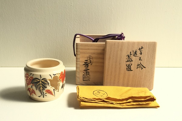 茶道 蓋置 葉の絵 透 真葛焼 宮川香斎作