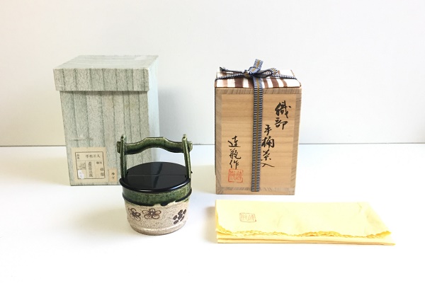 茶入 手桶茶入 織部 合掛 加藤連瓶作